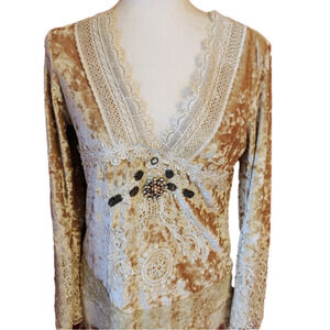Crushed Velvet Beaded BOHO Lace Blouse M